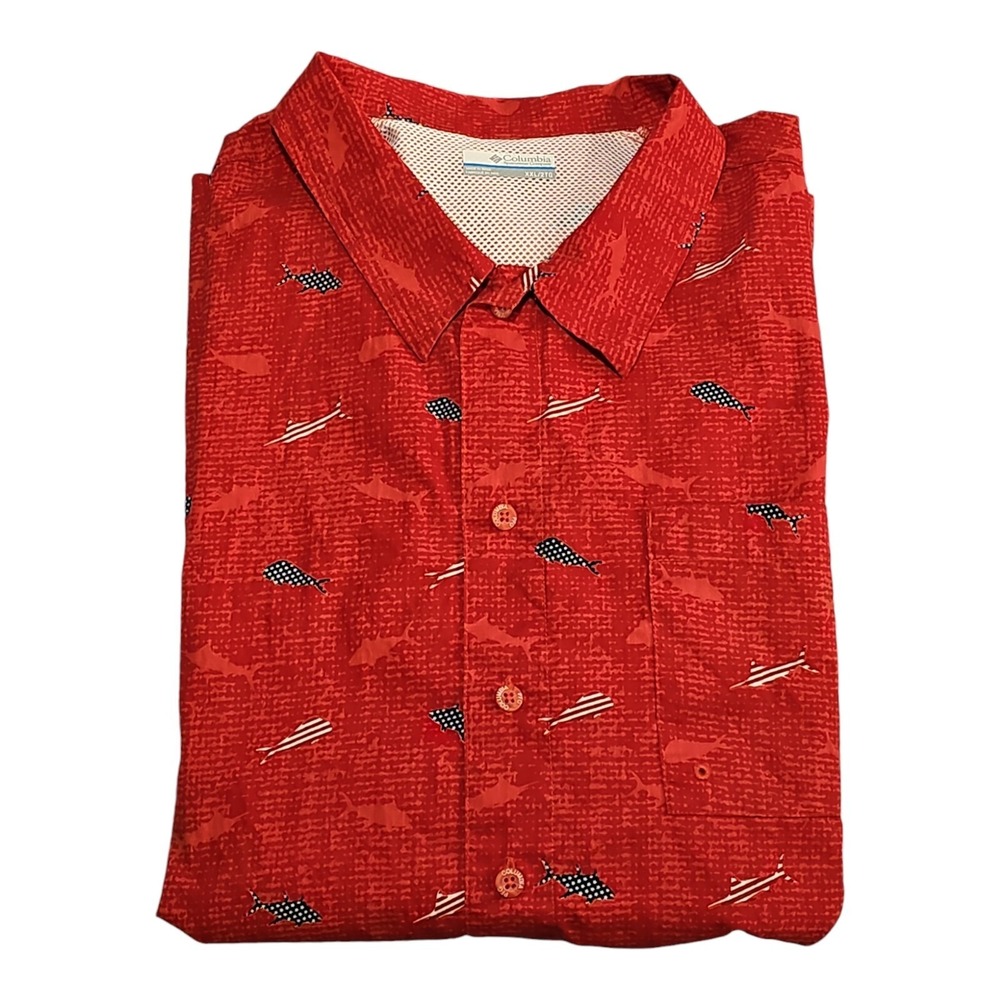 Columbia Men's Red PFG USA Fish Graphic Short Sleeve Button Up Size XXL - Picture 3 of 4